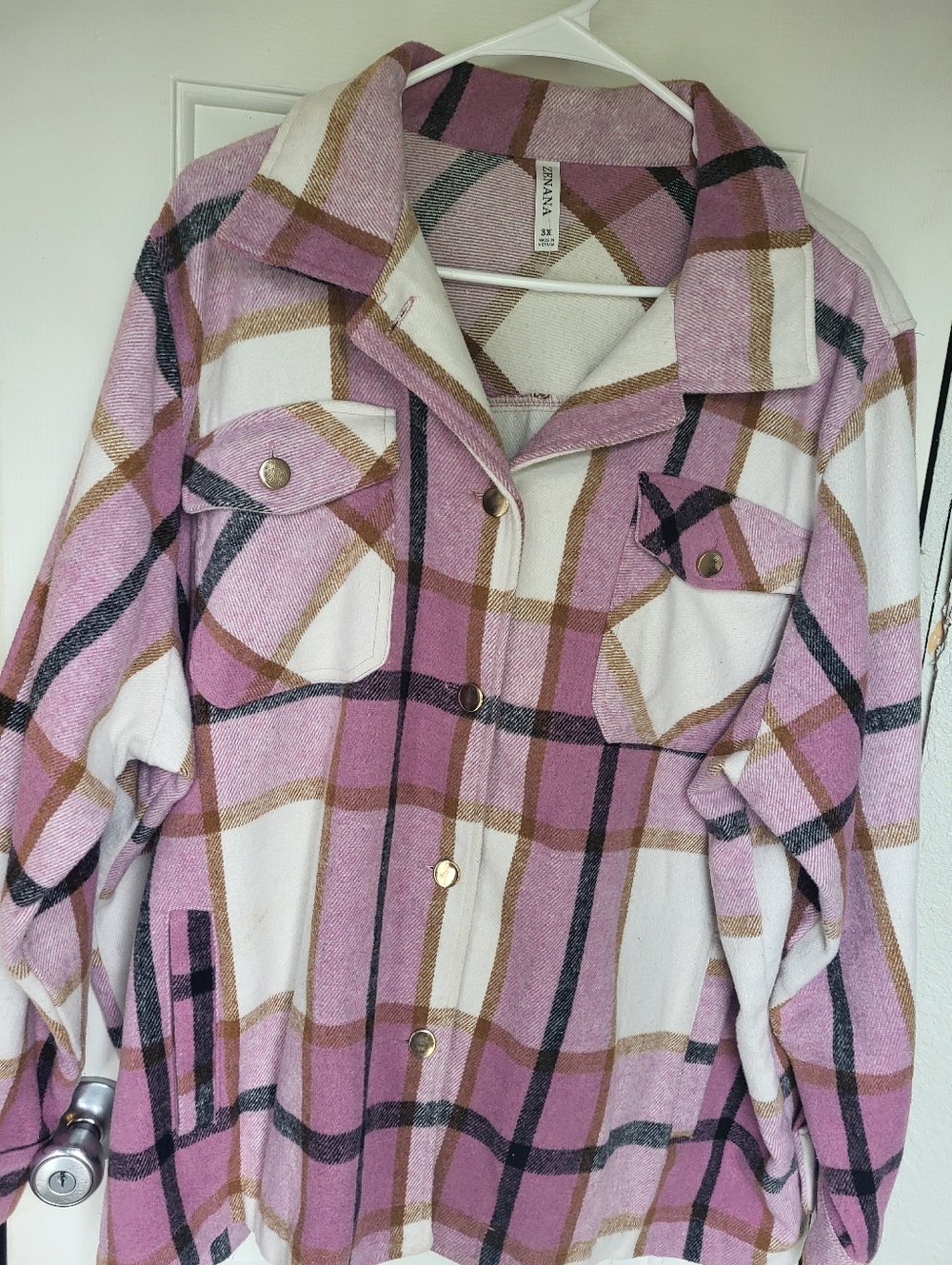 Zenana Outfitters Pink and Cream Plaid Utility Shacket